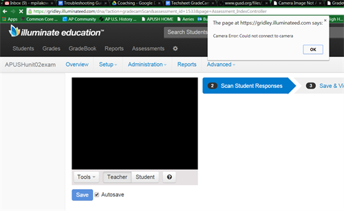 Screenshot of a website with "camera error" shown
